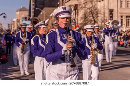 Toronto, Ontario, Canada- November 17th, 2019; A High School Marching Band Performing At The Toronto Santa Clause Parade.