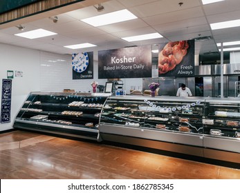 Toronto, Ontario, Canada - November 25, 2020: Fresh Kosher Food Prepared And Displayed In Store At Walmart Shop Mall. Jewish Holiday Kosher Festive Traditional Food Meal For Hanukkah. 