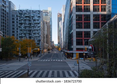 Toronto, Ontario, Canada - Oct 17, 2020: Empty Streets In Downtown Due To Covid 19 Self Isolation Lockdown. Sunny Day, Blue Sky. Selective Focus.