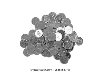 Toronto Ontario / Canada October 20 2019: Overhead View A Pile Of Canadian Quarter Coins Isolated On White