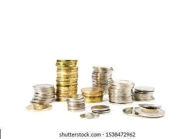 Toronto Ontario / Canada October 20 2019: rough stacks of Canadian dollar, quarter, dime and two dollar coins isolated on white