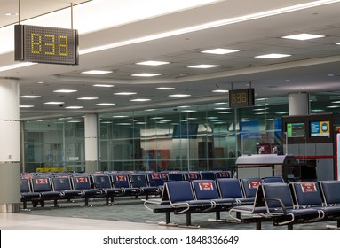 Toronto, Ontario / Canada - October 2020: Gate B38 Empty Waiting Area With Social Distancing Stickers In Toronto Pearson Airport Departure Zone, Terminal 3.