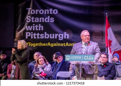 TORONTO, ONTARIO, CANADA - OCTOBER 29, 2018: Ontario Premier Doug Ford Speaks At Vigil Held By Toronto Jewish Community For Victims Of Pittsburgh Synagogue Massacre.  