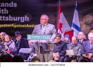 TORONTO, ONTARIO, CANADA - OCTOBER 29, 2018: Ontario Premier Doug Ford Speaks At Vigil Held By Toronto Jewish Community For Victims Of Pittsburgh Synagogue Massacre.  