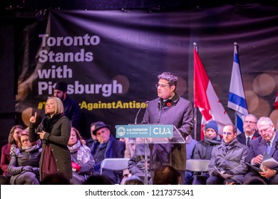 TORONTO, ONTARIO, CANADA - OCTOBER 29, 2018: Members Of Toronto Jewish Community Speak At Vigil For Victims Of Pittsburgh Synagogue Massacre