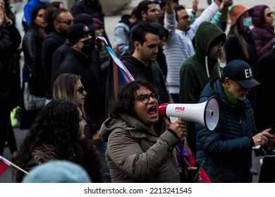 Toronto, Ontario, Canada - October 8 2022: Free Iran Solidarity March Moves South Along Bay St