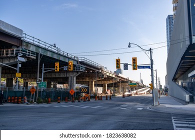 Toronto, Ontario, Canada - Sept. 28, 2020: Jarvis Street East Bound Gardnerer Entrance Closed For Restoration Work In Downtown Toronto During The Covid 19 Global Pandemic