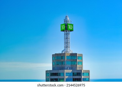 Toronto, Ontario, Canada - September 27, 2019 :  Top View Of 
Brookfield Place Building Top With TD Brand And Logo In Downtown Financial District. TD Canada Trust Bank Office Building.