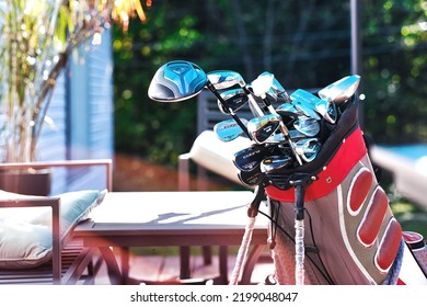 Toronto, Ontario, Canada - September 5, 2022: Golf Gear Set In Bag At House Backyard Ready For Play. Golf Trip And Vacation Background.