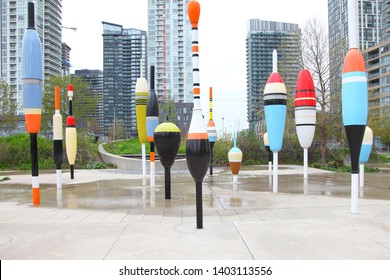 Toronto, Ontario/Canada-May 20 2019:  : Canoe Landing Park Is An 8 Acres Privately Funded Urban Park In Downtown Toronto. Fishing Floats Statue. 