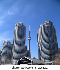 Toronto skyline and CN Tower as seen from harbor peer