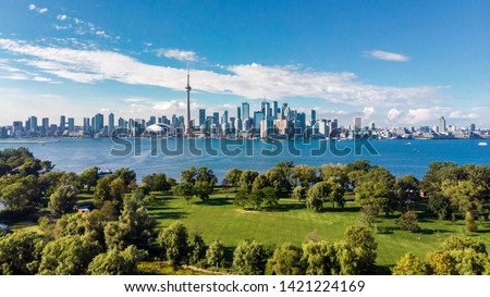 Toronto skyline and Lake Ontario aerial view, Toronto, Ontario, Canada.