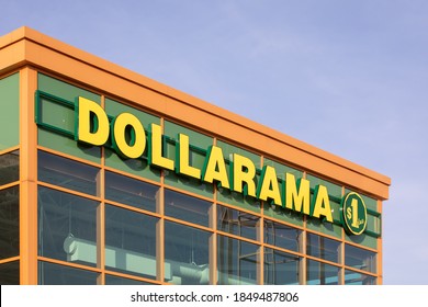 Toronto,Canada, November 7, 2020; The brand sign on a large Canadian discount retailer Dollarama store in Vaughn north of Toronto.