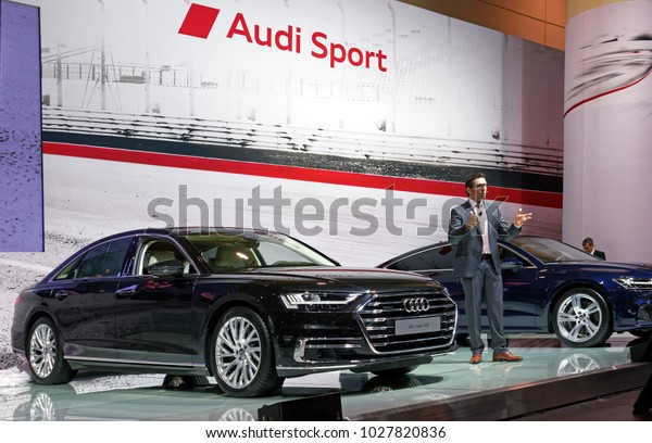 TORONTO-FEBRUARY 15: at the 2018 Canadian\
International AutoShow, Georgio Delucchi, President, Audi Canada,\
presents A8, the first automobile in the world specifically made\
for automated L3\
driving