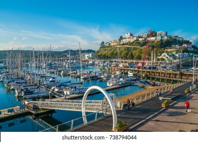 TORQUAY, DEVON UK - OCTOBER 14, 2017: View Of The Harbor In Torquay. Torquay, A Seaside Town In Devon, Also Known As English Riviera, Is A Fashionable Holiday Resort And A Popular Tourist Destination