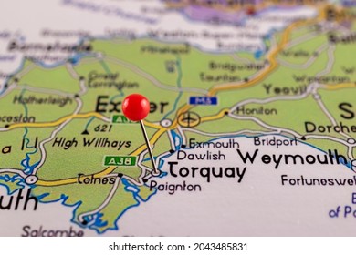 Torquay. Torquay Map. Close Up Of Torquay Map With Red Pin. Map With Red Pin Point Of Torquay In UK.