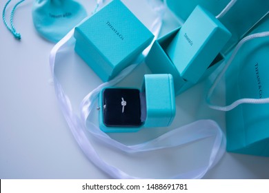 Torrance, California/USA - August 26 2019: Tiffany & Co Jewelry Boxes And Packaging High End Blue And Teal 