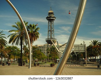 Torre De Jaume I - Telefèric Del Port De Barcelona On The Way From Montjuïc Castle, Red Cable Car In The Center Of Barcelona, Spain