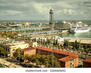 Torre De Jaume I - Telefèric Del Port De Barcelona On The Way From Montjuïc Castle, Red Cable Car In The Center Of Barcelona, Spain