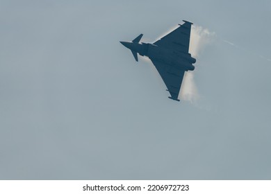 Torre Del Mar,Málaga,Spain;9-11-2022: Eurofighter Typhoon Of The Spanish Army Flying In Profile Breaking The Sound Barrier