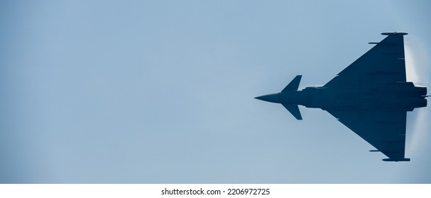 Torre Del Mar,Málaga,Spain;9-11-2022: Eurofighter Typhoon Of The Spanish Army Flying In Profile Breaking The Sound Barrier