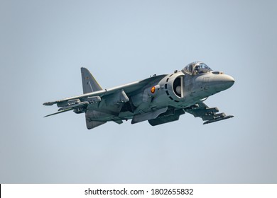 TORRE DEL MAR, MALAGA, SPAIN-JUL 14: Aircraft AV-8B Harrier Plus taking part in an exhibition on the 4th international airshow of Torre del Mar on July 14, 2019, in Torre del Mar, Malaga, Spain