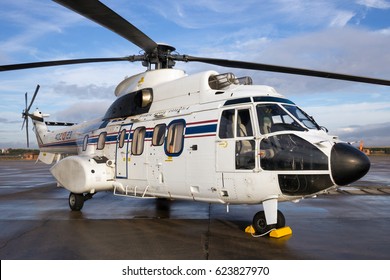 TORREJON, SPAIN - OCT 11, 2014: Spanish Air Force AS532 Cougar VIP Helicopter.