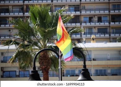 TORREMOLINOS, SPAIN - 29 FEBRUARY 2020: Gay Pride Flag Waving In The City Of Torremolinos (Malaga, Spain)