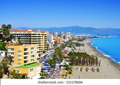 TORREMOLINOS, SPAIN - MARCH 13: Bajondillo Beach and ocean front walk on March 13, 2012 in Torremolinos, Spain. This popular beach is about 1,100 meters long and 40 meters average width