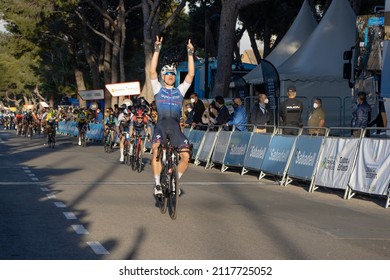 Torrent, Valencia, Spain; February 3rd 2022: Fabio Jakobsen on the finish line winning the 2nd stage of "Vuelta Ciclista a la Comunidad Valenciana" in the 1st place.