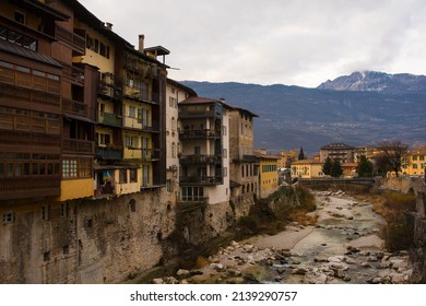 The Torrente Leno river as it flows through Rovereto in Trentino, north east Italy. It is one of the main tributaries of the Adige river
