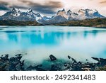 Torres del Paine, Chile. Cordillera del Paine, Los Cuernos and turquoise waters of Lago Pehoe, famous travel landscape in Patagonia, South America.