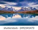 Torres del Paine, Chile. Los Cuernos and Lago Pehoe, famous travel landscape in Cordillera del Paine. Patagonia, South America.