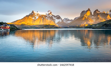Torres Del Paine National Park, Chile. Sunrise at the Pehoe lake, wide format