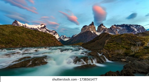 Torres del Paine National Park at sunrise. Cascada Grande, Magallanes, Chile