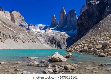 Torres del Paine national park in Patagonia Andes, Chile. South America mountain landscape. Beautiful mountains Los Cuernos, Torres del Paine and Paine Grande tower peaks near lake on a sunny day - Powered by Shutterstock