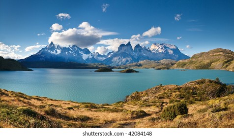 Torres del Paine National Park, Patagonia, Chile: The Turquoise Lake (Lago) Pehoe and the Majestic Cuernos del Paine (Horns of Paine)