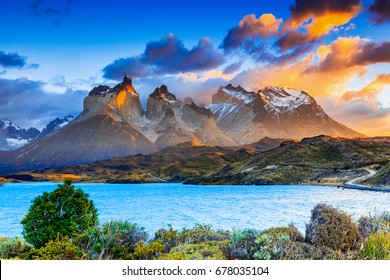 Torres Del Paine National Park, Chile. Sunrise at the Pehoe lake.