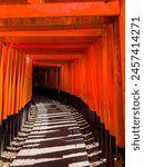 Torri gates at Fushimi Inari Taisha temple in Kyoto.  Afternoon shadows on the pathway through the gates to the top.