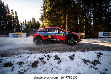 TORSBY, SWEDEN - FEBRUARY 14, 2020: Number 8, Ott Tänak And Navigator Martin Järveoja From Estonia Competing In A Hyundai I20 Coupe WRC In The WRC Rally Sweden 2020.