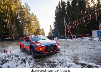 TORSBY, SWEDEN - FEBRUARY 14, 2020: Number 8, Ott Tänak And Navigator Martin Järveoja From Estonia Competing In A Hyundai I20 Coupe WRC In The WRC Rally Sweden 2020.