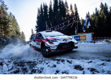 TORSBY, SWEDEN - FEBRUARY 14, 2020: Number 18, Takamoto Katsuta And Navigator Daniel Barritt Competing In A Toyota Yaris WRC In The WRC Rally Sweden 2020.