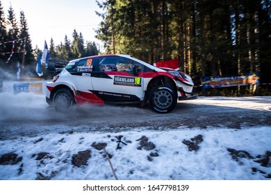 TORSBY, SWEDEN - FEBRUARY 14, 2020: Number 18, Takamoto Katsuta And Navigator Daniel Barritt Competing In A Toyota Yaris WRC In The WRC Rally Sweden 2020.