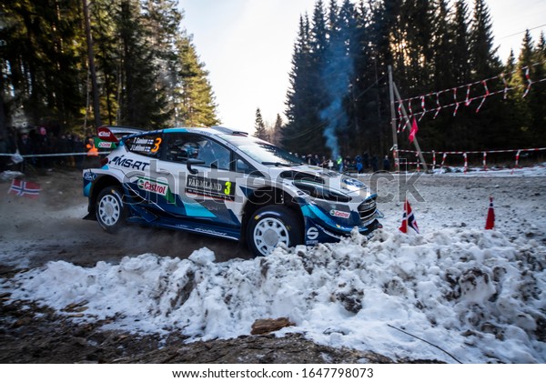 TORSBY, SWEDEN - FEBRUARY 14,\
2020: Number 3, Teemu Suninen and navigator Jarmo Lehtinen from\
Finland competing in a M-Sport Ford WRT in the WRC Rally Sweden\
2020.