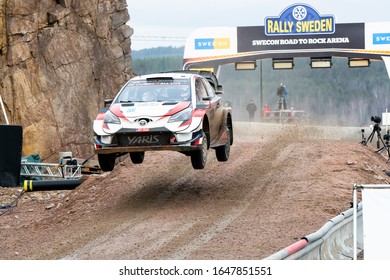 TORSBY, SWEDEN - FEBRUARY 15, 2020: Number 18, Takamoto Katsuta And Navigator Daniel Barritt Competing In A Toyota Yaris WRC In The WRC Rally Sweden 2020.