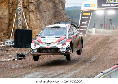 TORSBY, SWEDEN - FEBRUARY 15, 2020: Number 18, Takamoto Katsuta And Navigator Daniel Barritt Competing In A Toyota Yaris WRC In The WRC Rally Sweden 2020.