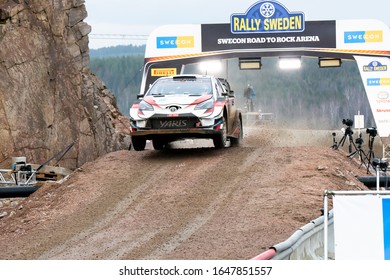 TORSBY, SWEDEN - FEBRUARY 15, 2020: Number 18, Takamoto Katsuta And Navigator Daniel Barritt Competing In A Toyota Yaris WRC In The WRC Rally Sweden 2020.