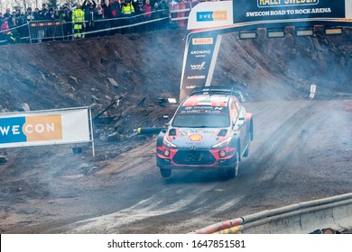 TORSBY, SWEDEN - FEBRUARY 15, 2020: Number 8, Ott Tänak And Navigator Martin Järveoja From Estonia Competing In A Hyundai I20 Coupe WRC In The WRC Rally Sweden 2020.