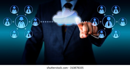 Torso Of An IT Consultant Is Connecting Two Work Teams In The Cloud Via Touch. Each Team Group Does Consist Of Seven White Collar Workers With One Team Leader. Vector Artwork Combined With Photo.