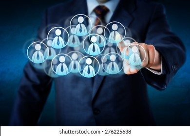 Torso of a manager in blue business suit selecting white color worker icons in a virtual cloud shaped of many office worker symbols. Technology metaphor combining smart computing and human resources.